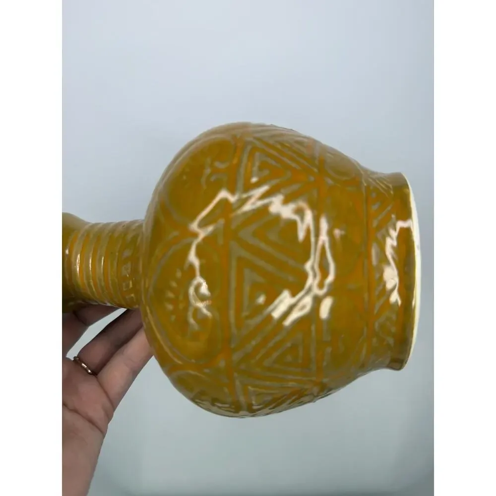 Vintage Handmade in Vietnam Mustard Yellow Vase with Incised Designs